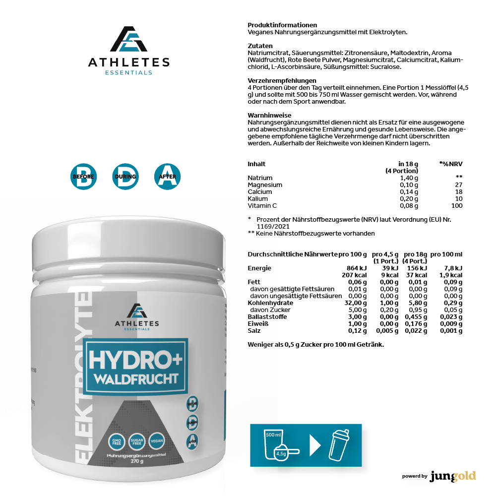 Jungold Hydro+ Bevanda Elettroliti Frutti di Bosco 270 g Senza Zucchero