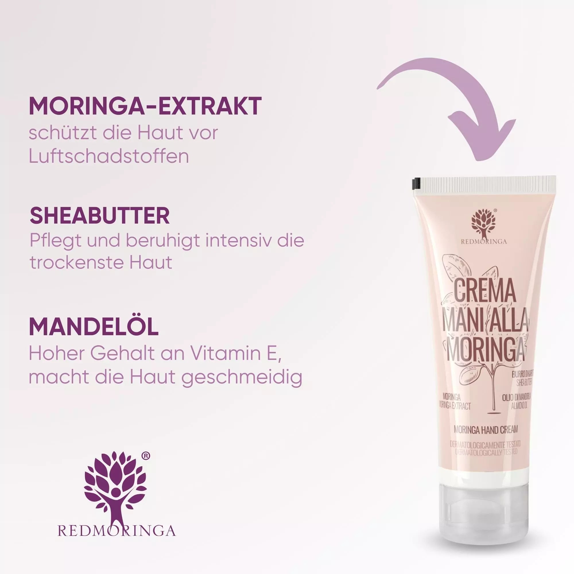 RedMoringa Moringa crema mani secche karité mandorla
