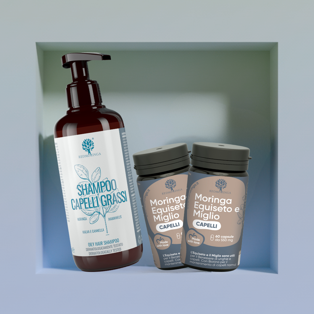 RedMoringa Trattamento Capelli Grassi Kit 2 Integratori + Shampoo Bio