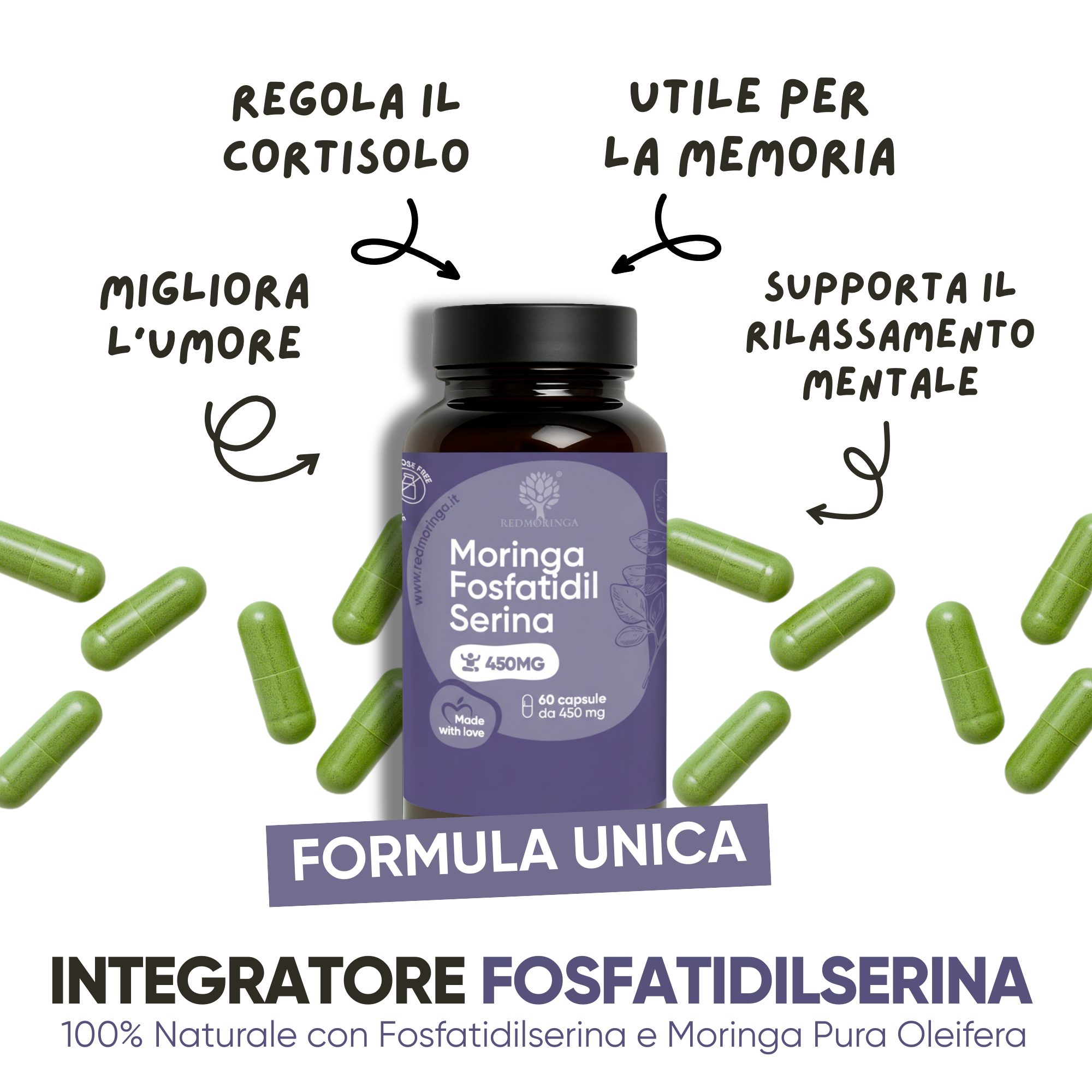 RedMoringa Low Cortisolo Fosfatidilserina 450mg integratore 2 mesi stress