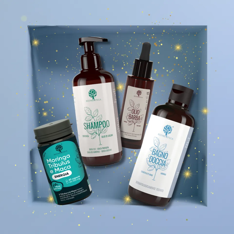 RedMoringa Man set regalo uomo shampoo gel barba integratore