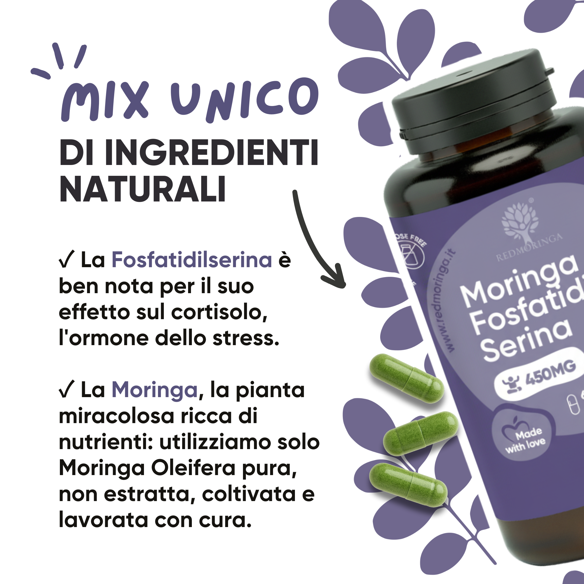 RedMoringa Low Cortisolo Fosfatidilserina 450mg integratore 2 mesi stress